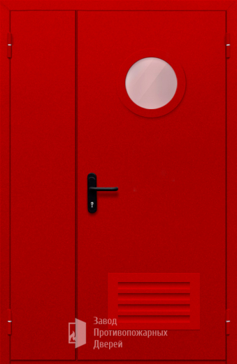 Фото двери «Полуторная с круглым стеклом и решеткой (красная)» в Краснознаменску