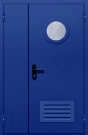 Фото двери «Полуторная с круглым стеклом и решеткой (синяя)» в Краснознаменску